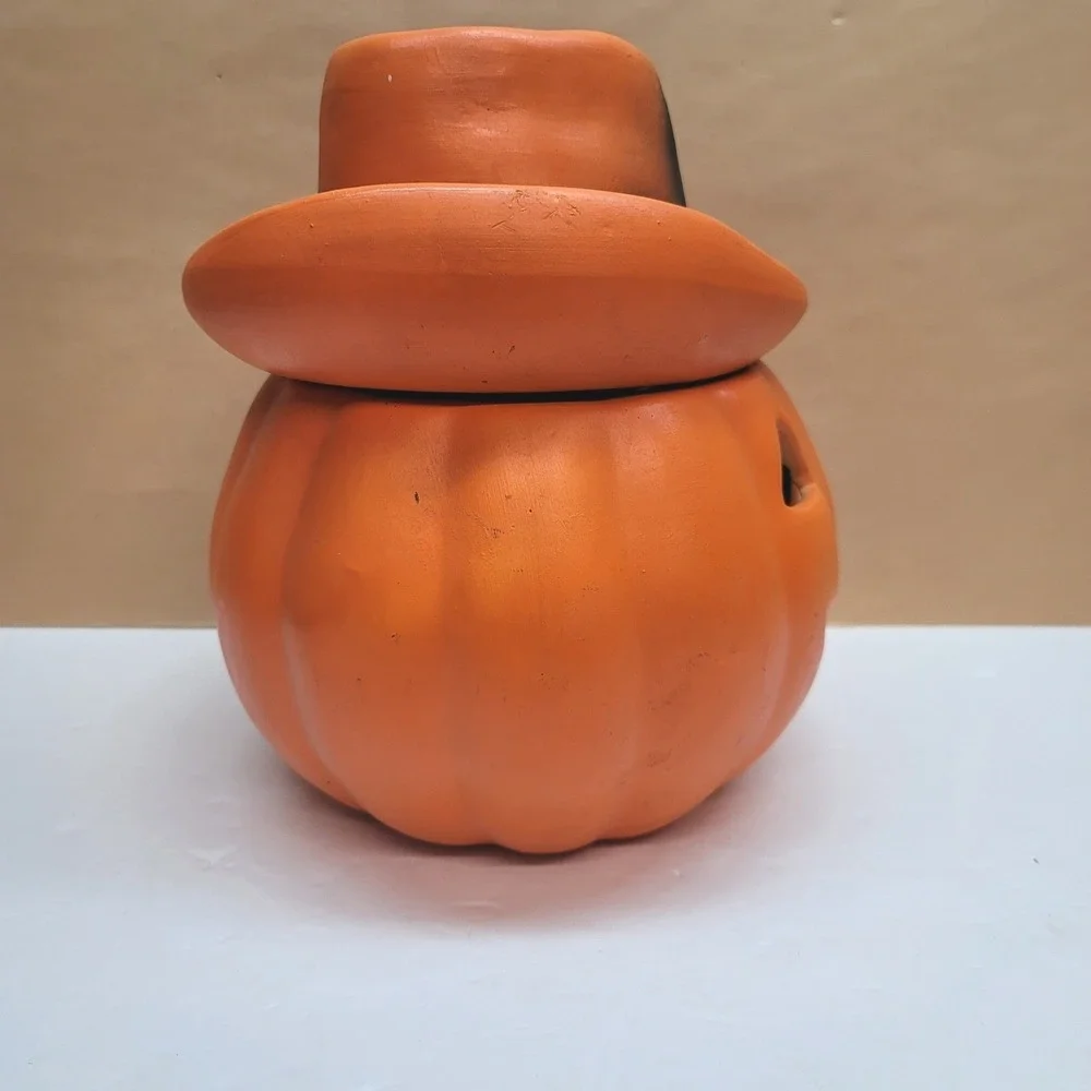 Vintage Halloween Ceramic Jack-O-Lantern Cowboy Hat Pumpkin Decor 10in Orange